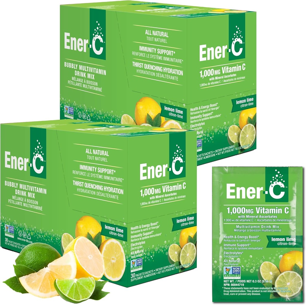 Ener-C Multivitamin Drink Mix - Vitaminpakker for vann, Electrolytes pulverpakker, Vitamin Drikkemiks, Hydration flytende blanding, Immun Booster for voksne, Sunn energi - Lemon Lime, 60 greve