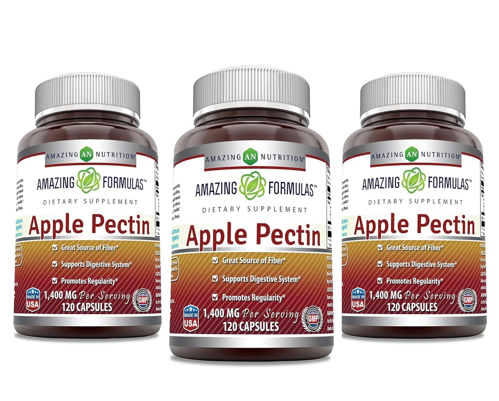 Amazing Formulas Apple Pectin 1400 mg Per Serving Supplement | Capsules | Non-GMO | Gluten Free | Made in USA (120 Count | 3 Pack)