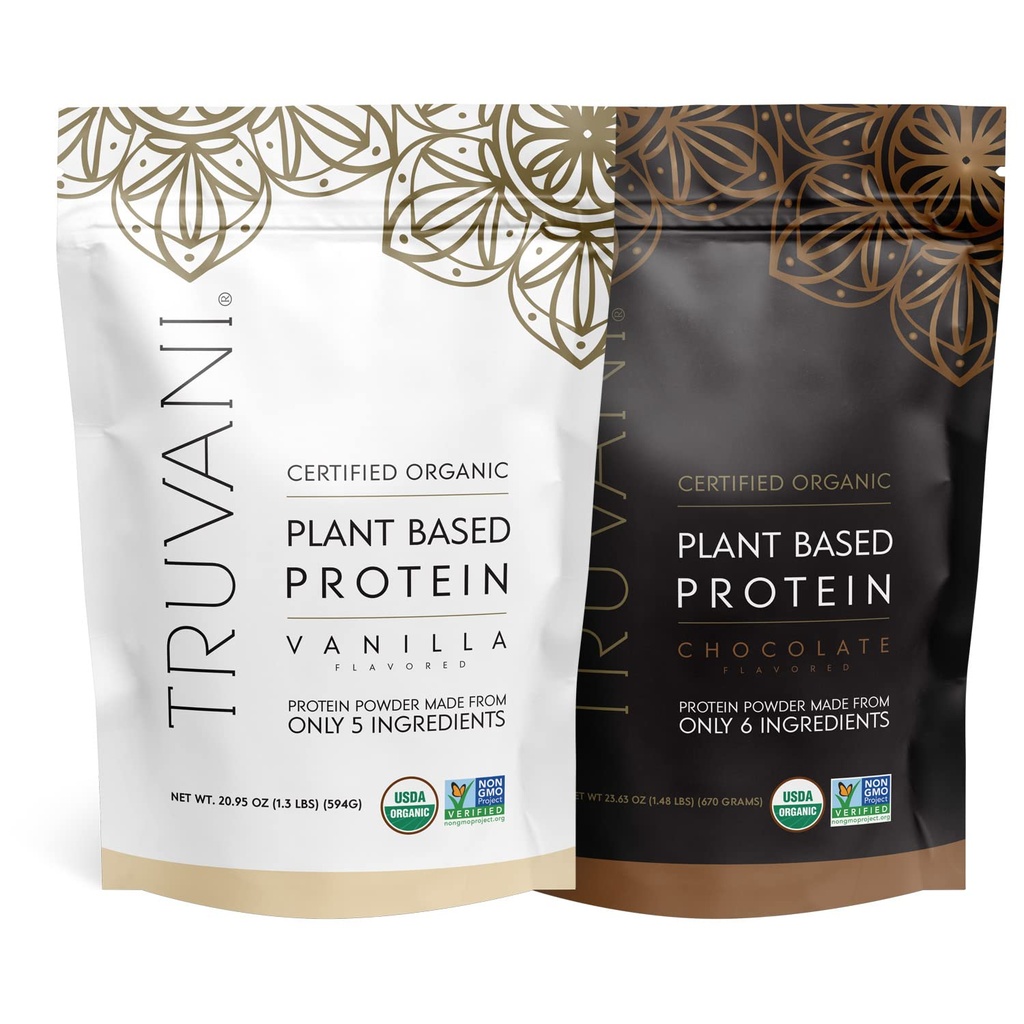 Truvani Plant Based Protein Powder - USDA Certified Organic, Vegan, Non-GMO, Dairy Free, Soy Free, & Gluten Free - 2 опаковки по 20 Сервизи Each (Chocolate & Vanilla)