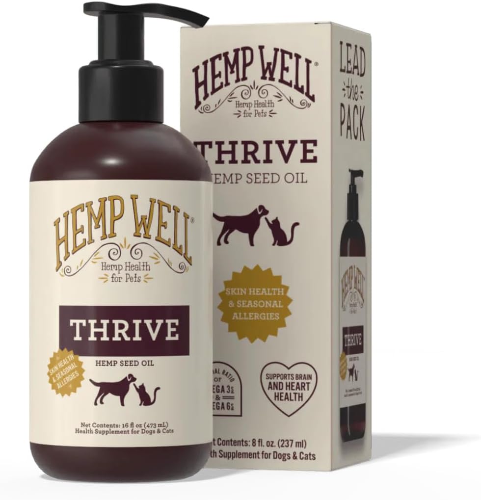 Hemp Well Thrive Oil for Dogs and Cats - Hip, Joint eta Heart Health onartzen ditu, Sistema Inmunoa sustatzen du, eta Larruazal osasuntsua sustatzen du urtaroko alergia organikoetatik - 16 Ounces