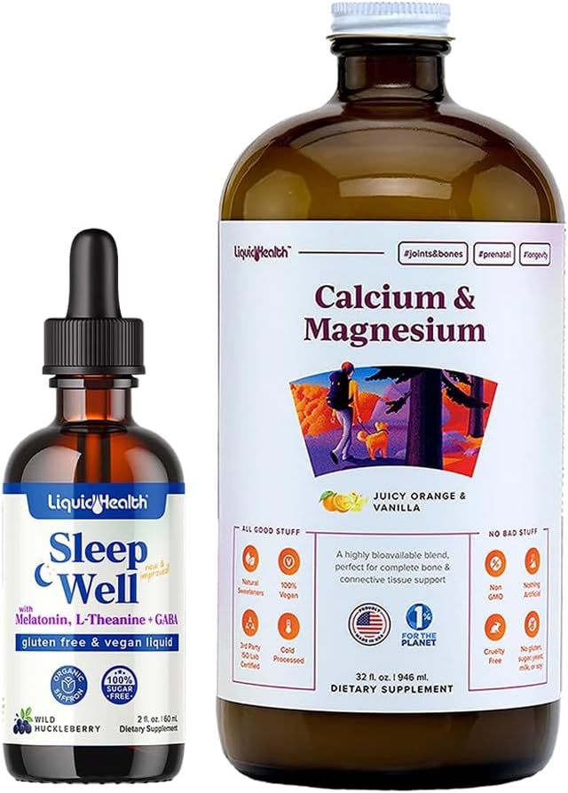 LIQUIDHEALTH Sleep Well Melatonin Drops & Calcium och Magnesium Liquid Joint Supplement Bundle - Natural Herbal Sleep Aid, främjar Relaxation, Bone, Tissue och Joint Support - USA Made, Vegan, Non-GMO