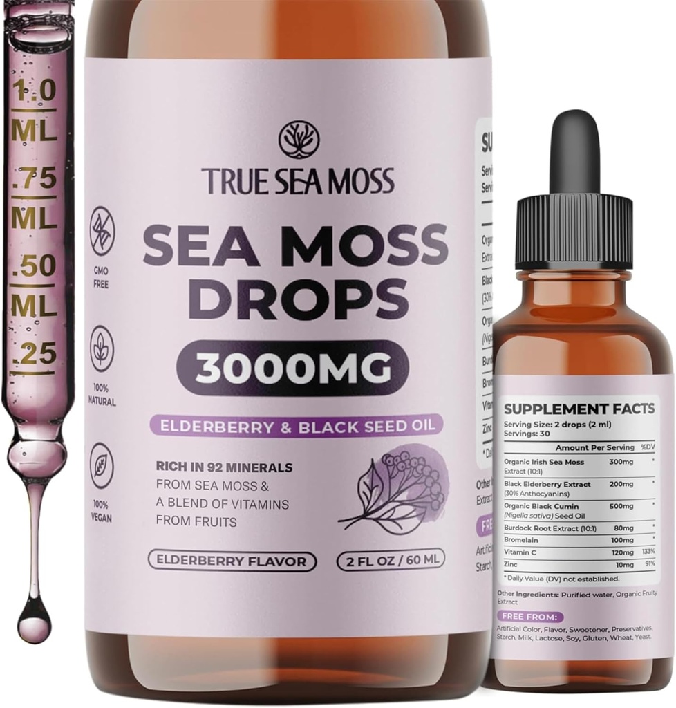 TrueSeaMoss Irish Sea Moss Drops - 5X Plus fort que le gel de mousse de mer - 92+ Minéraux essentiels - avec mûre noire, racine de lard et cumin noir - 2 Fl Oz (60ml) - Arôme de mûre