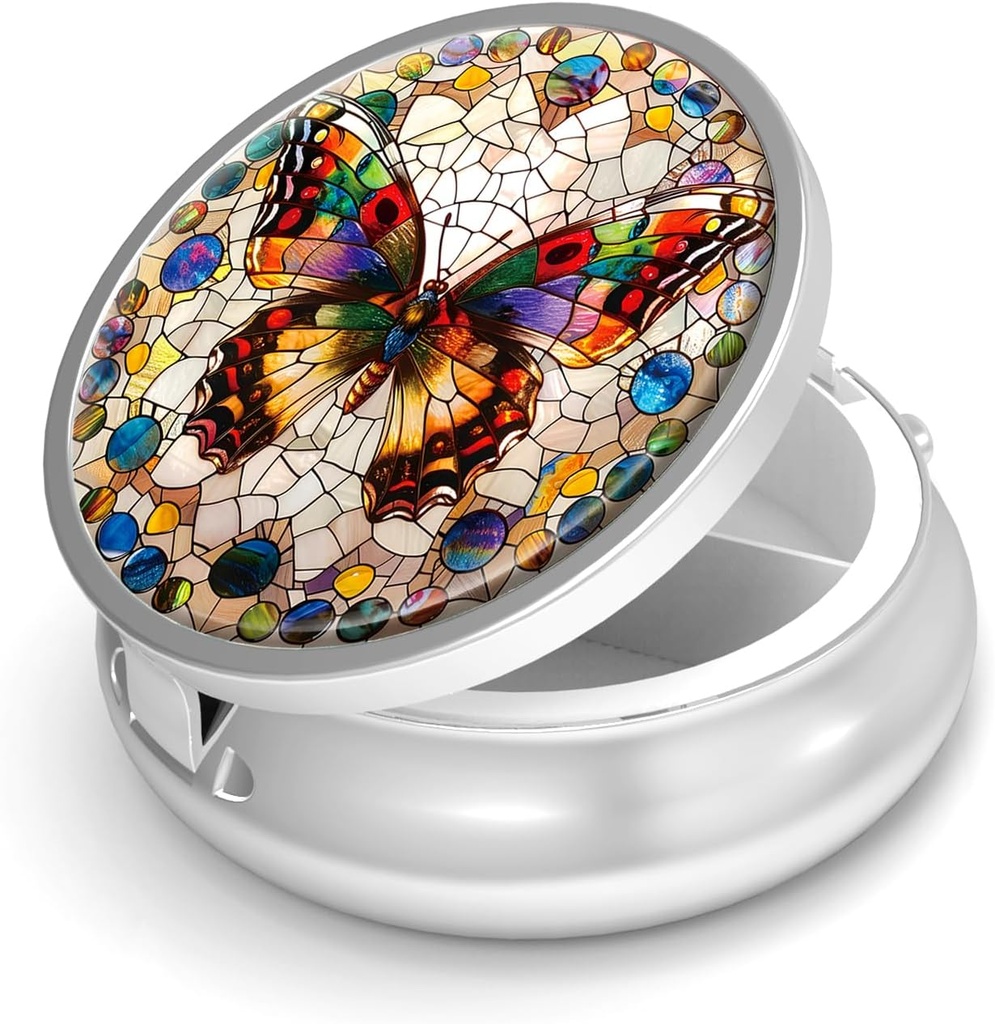Caixa de comprimidos-3 Compartimento Pequeno caso de pílulas para bolsa e bolso Mini Metal Titular de pílulas de viagem Container de pílulas para segurar suplementos Vitaminas BPA-Free (Gemstone Butterfly)