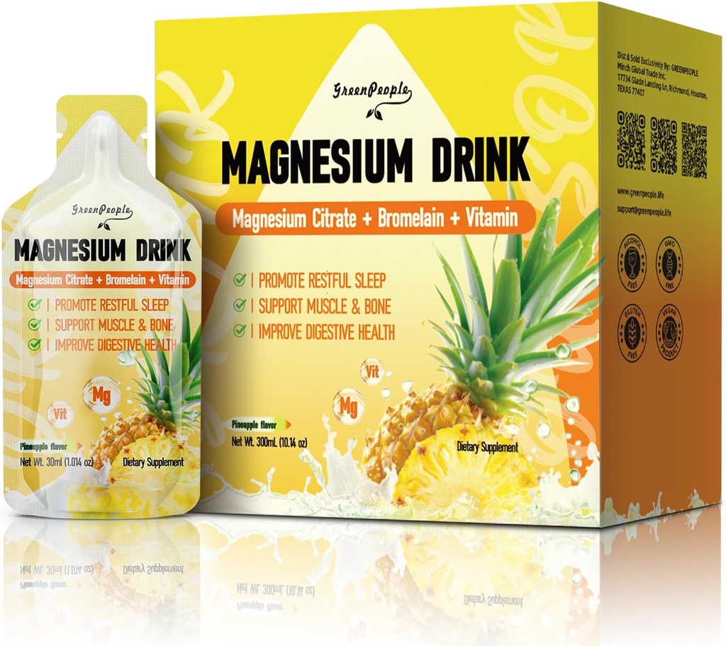 GREENPEOPLE 7-в-1 Magnesium Citrate Liquid, Magnesium Citrate Supplements Пити з 280mg Magnesium, цинк, бомелаїн, вітамін С D3 B6, М'язи та сну Підтримка для дітей та дорослих, 1 fl.Oz (10Pcs)