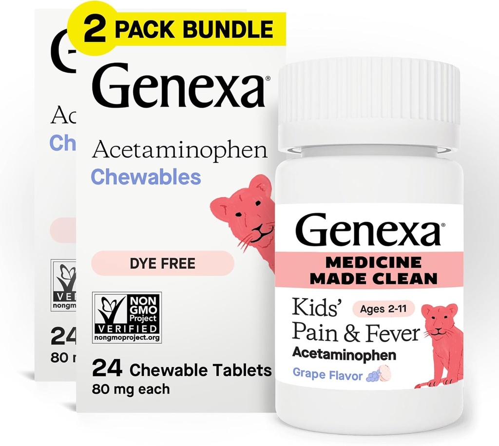 Genexa Laste puhas valu ja palavik Acetaminophen närimistables, värvivaba, 0% kunstlikud lisandid, maitsev viinamarjamaitse, närimisravim lastele 2-11, 80 mg tableti kohta, 48ct (2 Pack)
