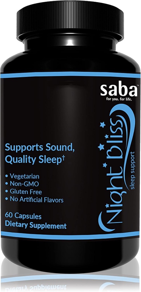 Saba Night Bliss Natural Sleep Aid | Non-Habit Forming | Sleep for Longer Sleep & Stress Relief W/Magnesium, Melatonin, GABA, Chamomile, & Valan (60 קפסולות טבעוניות, 30 יום אספקה)