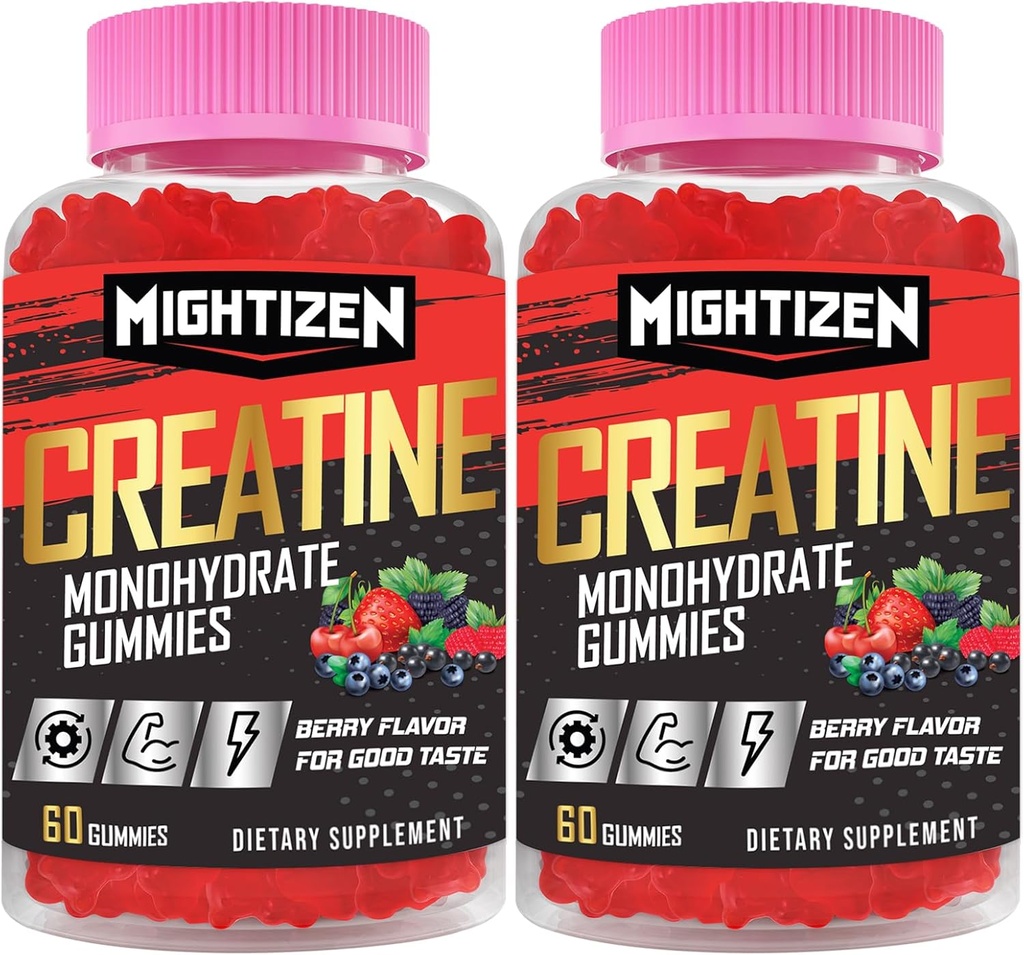 Creatine for Men & Women Creatine Monohydrate Gummies, Creatine Monohydrate per Serving with Taurine & Vitamin B12, Pre-Workout for Max Strength, Energy & Endurance - 2 Pack