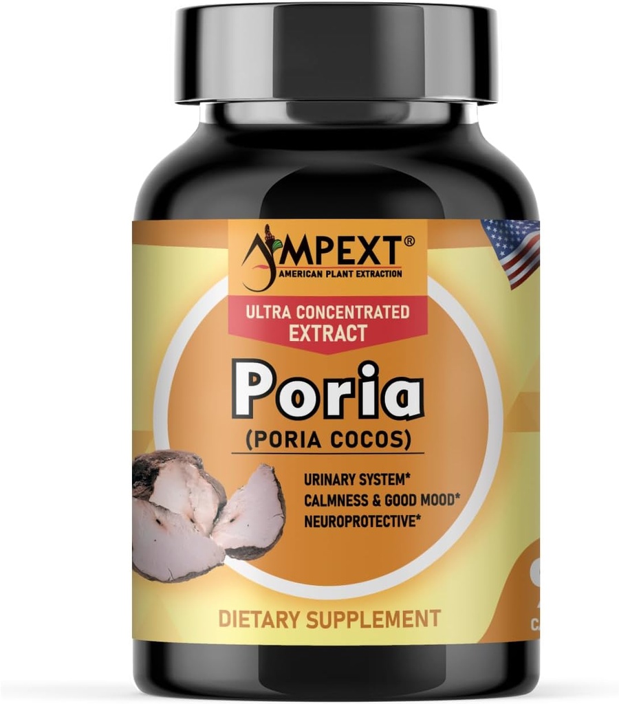 Poria Cocos Mushroom Extract - Premium Kvalitet, Endast Fruktande Bodies Extract, Antioxidant, njurstöd, lugn och gott humör, kardiovaskulär Boost, 90 Veg Caps.