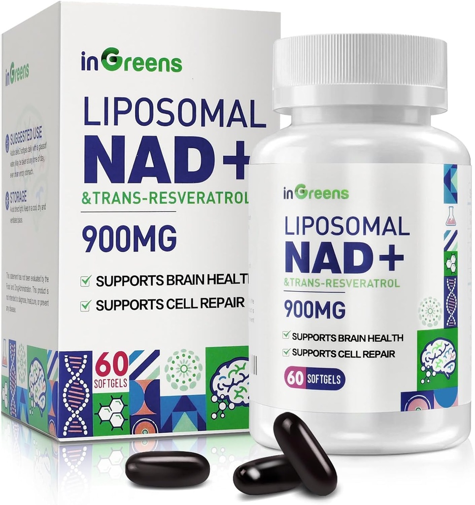 900 mg Liposomal NAD+ Supplement with Trans Revelopratrol 300 mg, แทนที่ NMN, over Absorpation, True NAD And Supplement for DNA and Boost NAD+, Apping December, Recember, Longvity, 60 Softgels