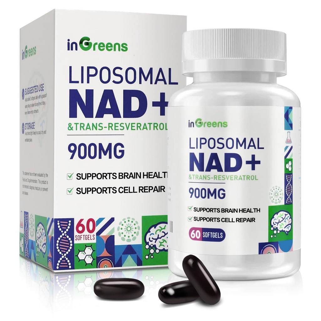 inGreens 900mg Liposomal NAD+ Supplement with 300mg Trans Resveratrol - Superior Absorption, Replaces NMN, Boost NAD+ for DNA Repair, Energy & Longevity, Aging Defense, 60 Softgels