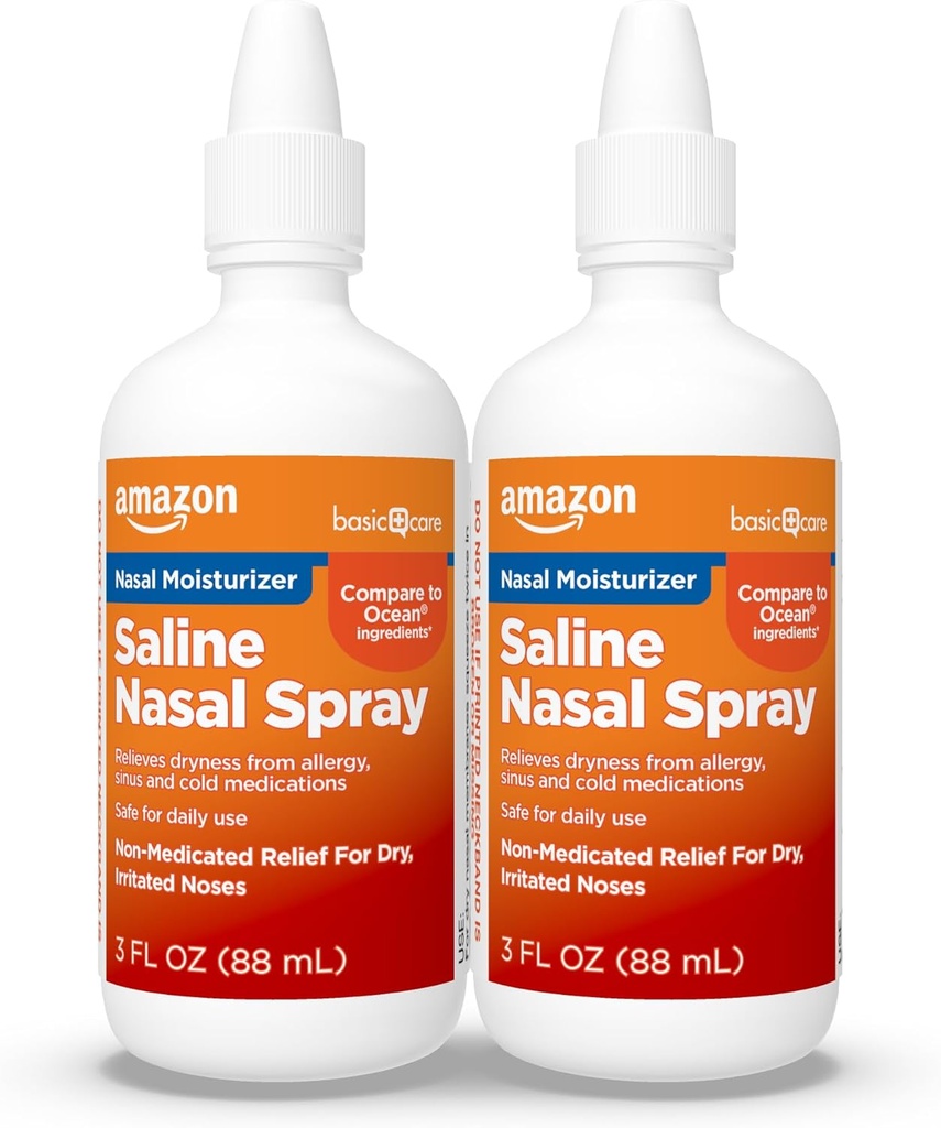   Basic Care Premium Saline Nasal Moisturizing Spray, Instantly Soothing Nasal Mist Nose Spray, Non-Medicated Relief, 3 fl oz (Pack of 2)
