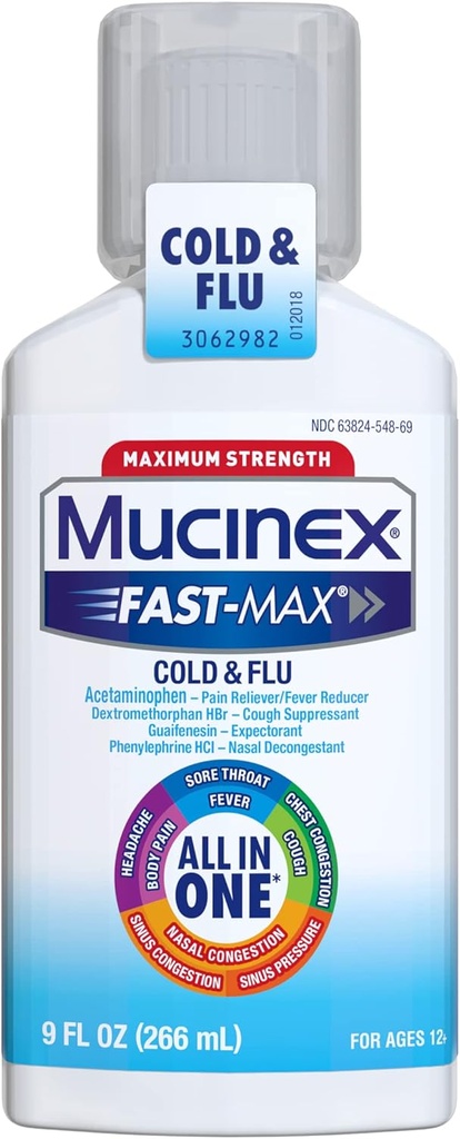 Mucinex Fast- Max Maximum Power All-inOne Cold & Flu, 9 oz Bottle, for Use On Headtaches, Body Pain, Sore Throats, Fever, Chest Contrable, Batuk, Konsuling Nasal / Sinus, dan Tekanan Sinus