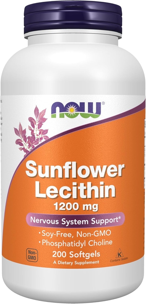 NOW Supplementi, Lecitina di girasole 1200 mg con Phosphatidyl Choline, 200 Softgels