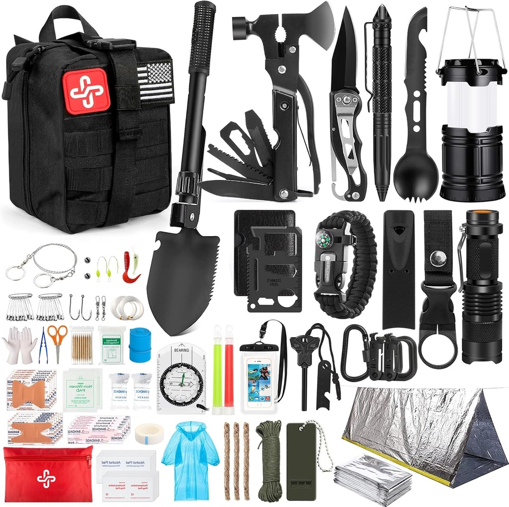 مقهى البقاء، 250 من طراز Gear First Aid Kit من طراز Molle System Compatible Bag and Emergency Tent, Emergency Kit for Earthquake, Outdoor Adventure, Hiking, Hunting, Gifts for Men Women