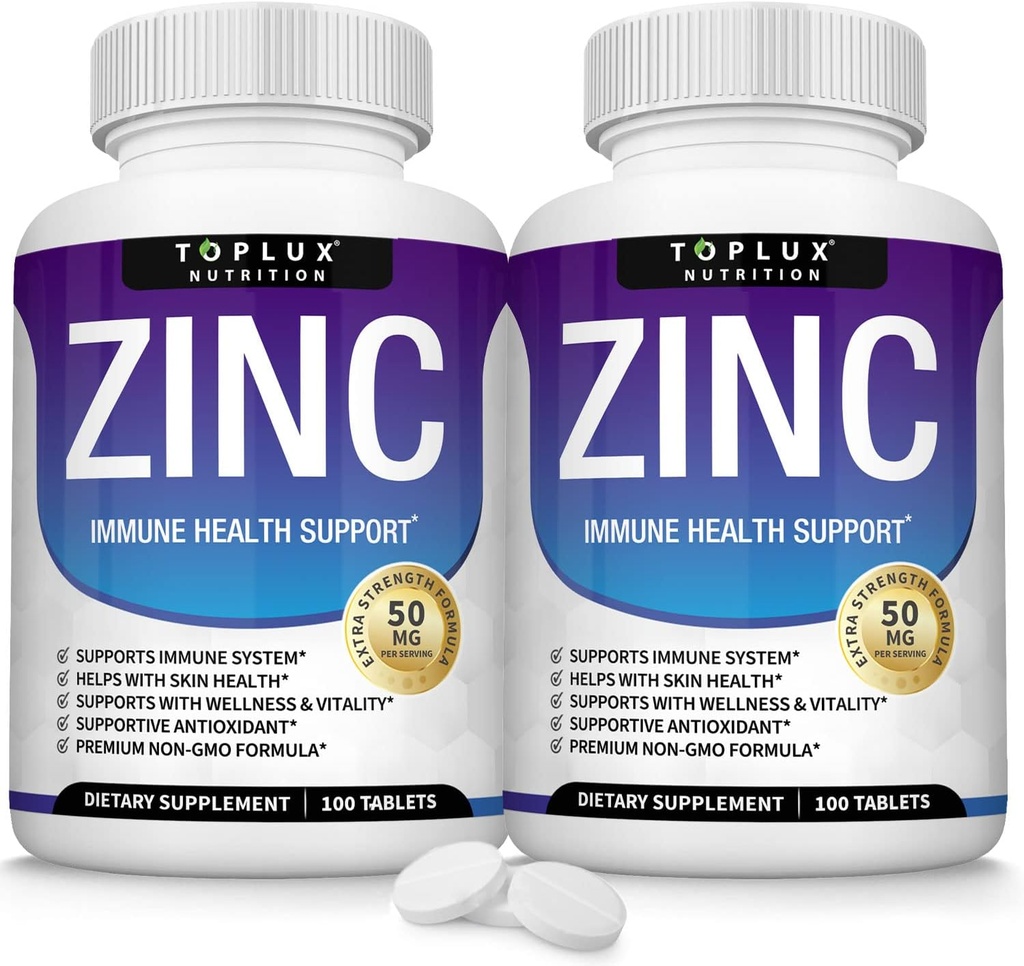 Zinc suplementari 50mg per a la implementació de l'Imune de l'Imne de suport natural Zinc Oxide a Boond Imne System, pell i suport antioxidant, High Potència Imunity Booster, per a dones d'homes, 100 taules