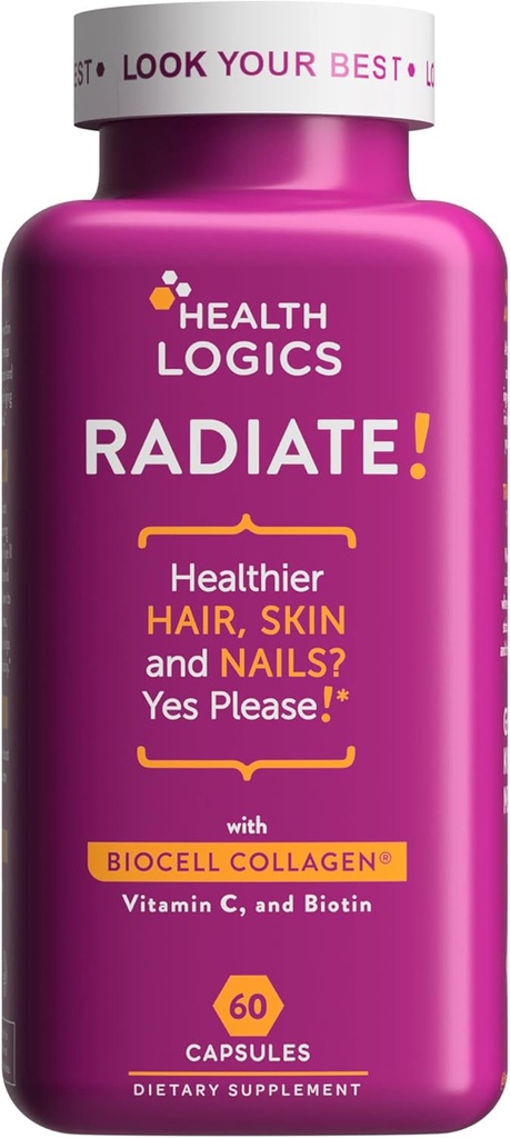 Sağlık Mantıkları Radiate | Saç Skin & Nails with Biotin, BioCell Collagen, Vitamin C, Hyaluronik Asit | Klinik olarak Yüz Hatlarını Azmak için Evaluated, Wrinkles, Crows Foot & Trust Comfort