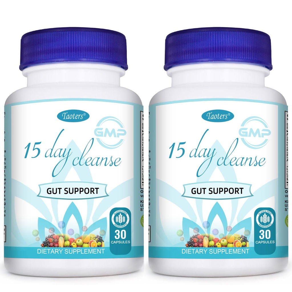 TAOTERS 15 Day Cleanse Gut Support 2 Pack, Detox Supplement with Senna, Cascara Sagrada & Psyllium Husk, for Men and Women | Total 60 Capsules