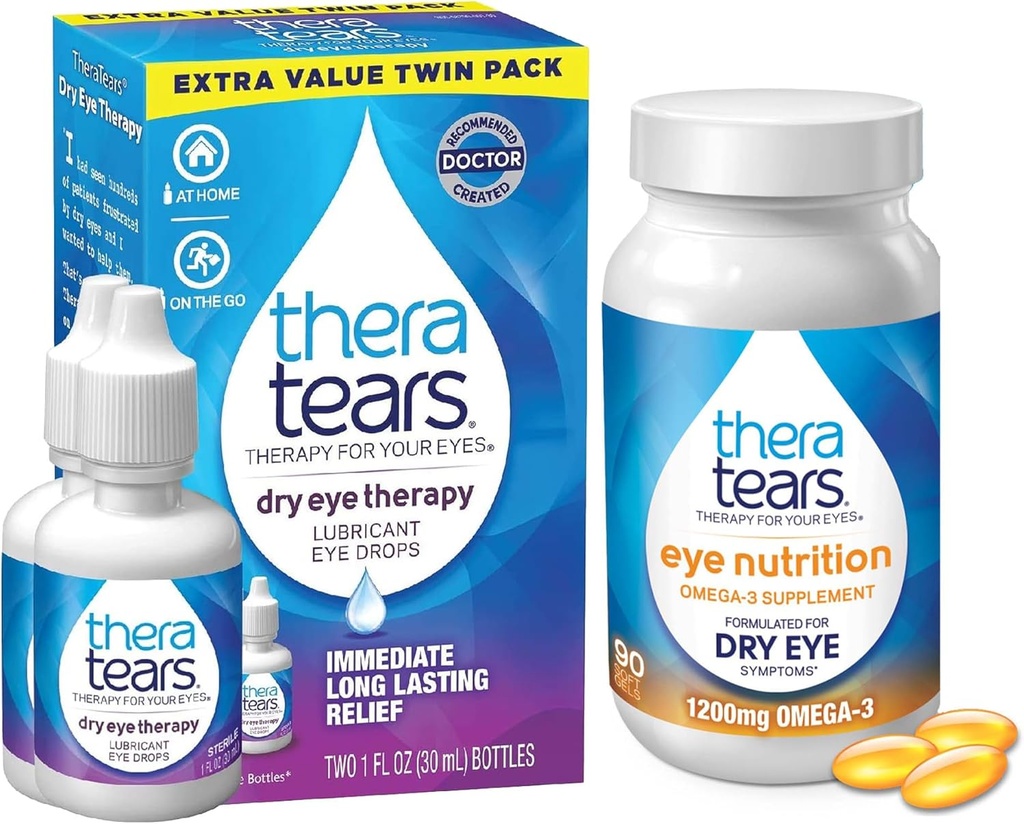 TheraTears 1200mg Omega 3 Priedas skirtas akių mitybai ir VIT E, 90 Count Eye Drops for Dry Eyes, Twin Pack, 30ml 1 Fl oz Each (Packaging May Vary)