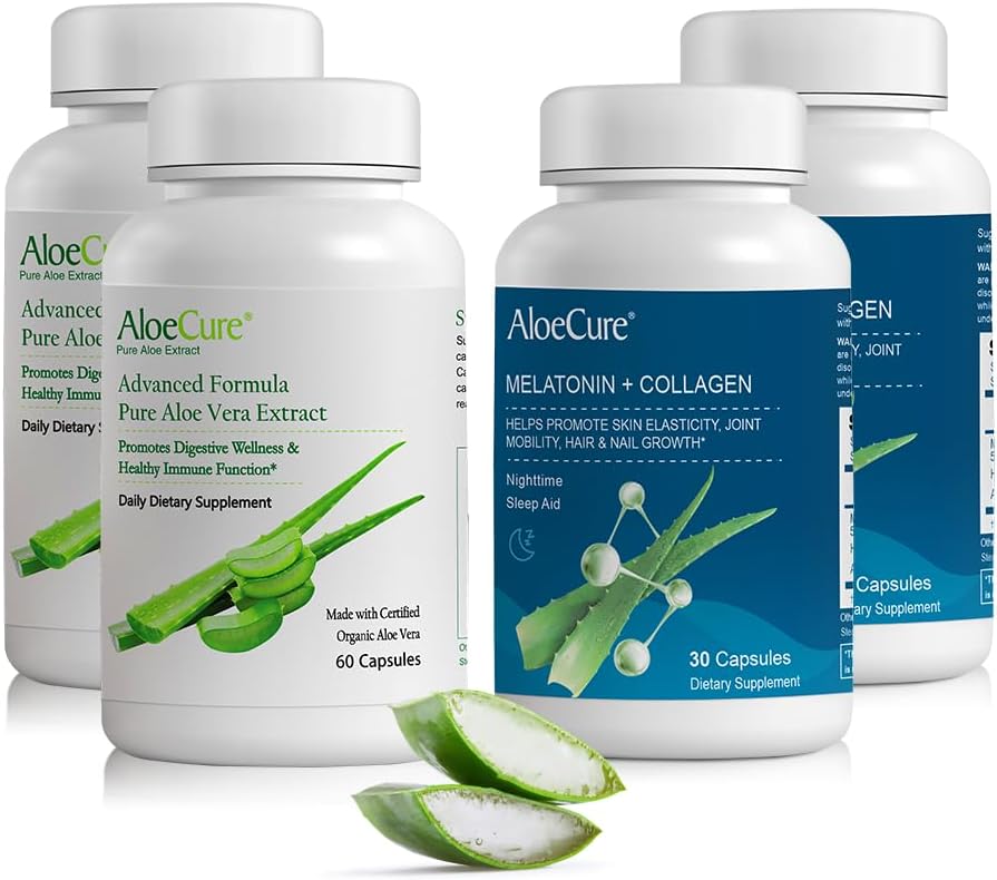 AloeCore Organic Aloe Wea Capsules - 4 parts - 2x Melatonin + Collagen, 2 x Aleoe Vara Capsults