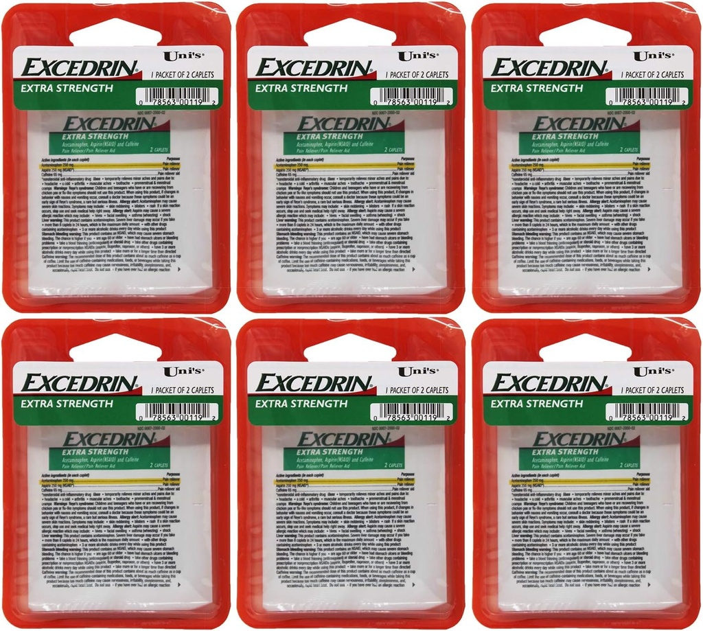 Excedrin Extra Force 6 Număraţi doza unică Relief 2 caplete în fiecare ambalaj. Ajută Relieves dureri de cap, dureri de dinți, dureri de spate, Crampe menstruale, Rece comun, și dureri musculare.