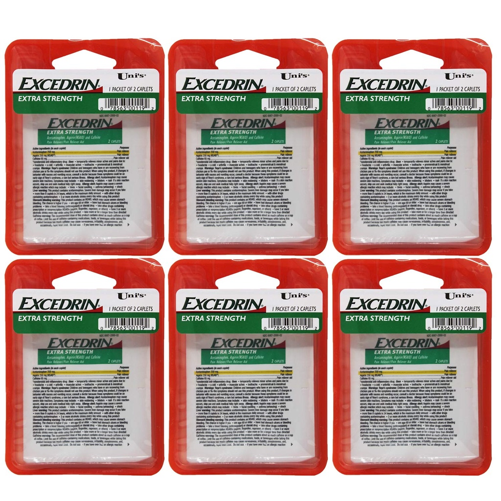 Uni's Excedrin Extra Strength 6 Count Single Dose Relief 2 caplets in Each Packet. Helps Relieves Headache, Toothache, Backache, Menstrual Cramps, Common Cold, and Muscular Aches.