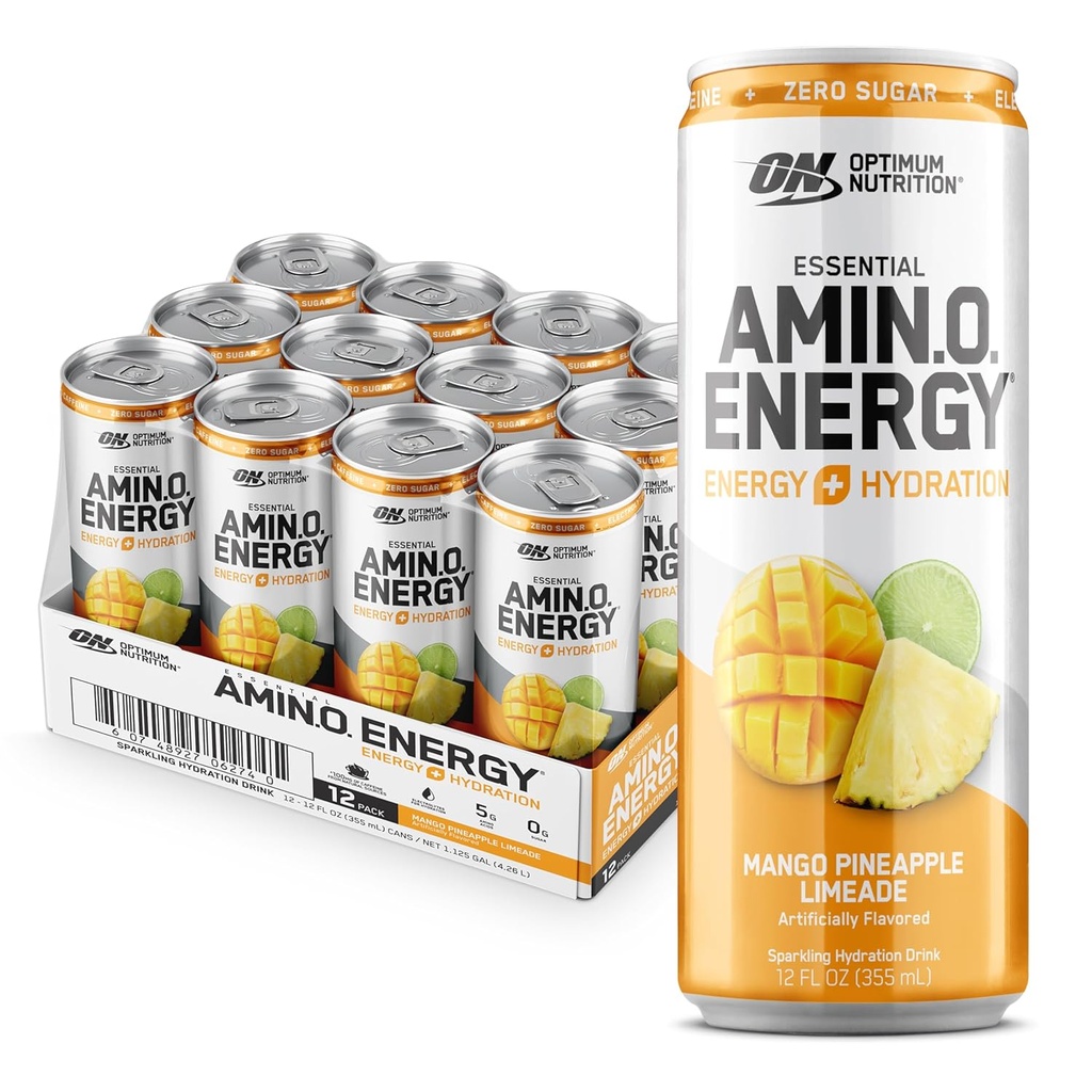 Optimum Nutrition Amino Energy Sparkling Hydration Пит, Електроліти, кофеїн, Амінокислоти, BCAAs, Sugar Free, Mango Pineapple Limeade, 12 Fl Oz, 12 Pack (Packaging May Vary)
