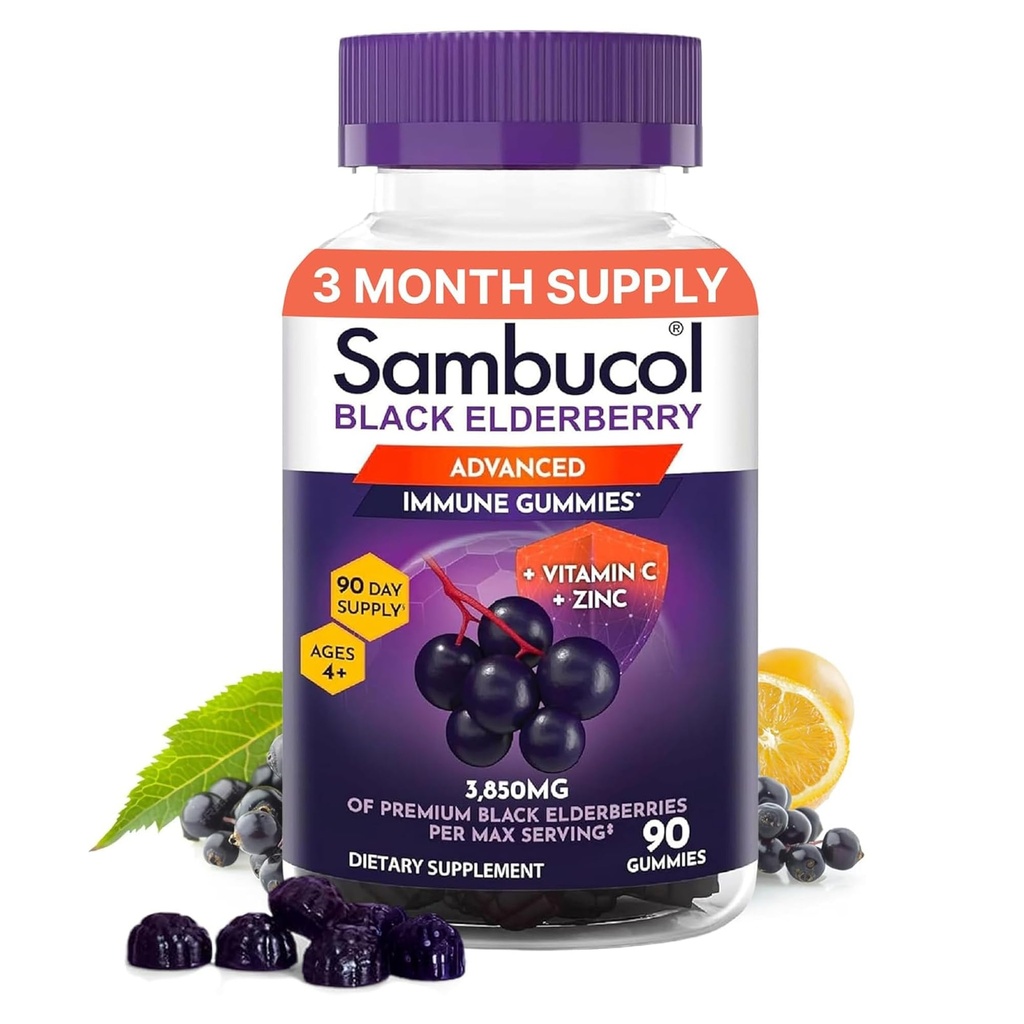 Sambucol Elderberry Gummies - Immune Support Supplement for Adults & Kids with Vitamin C & Zinc, Sambucol Elderberry are High in Antioxidants, Gluten Free, Vegan - 90 Count