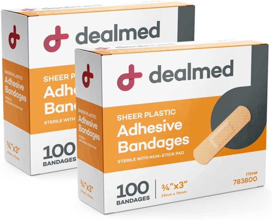 Dealmed Sheer Plastic Flexible Adhesive Bandages – 100 Count (2 Pack) Bandages with Non-Stick Pad, Latex Free, Wound Care for First Aid Kit, 3" x 3/4"