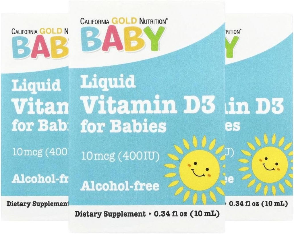 California Gold Nutrition Baby Vitamin D3 - Liquid D3 Supplement for Babies, Vegetarian Friendly - Developmental Support - Alcohol & Gluten Free, Non-GMO - 10 mcg (400 IU) - 0.34 fl oz (10 ml), 3