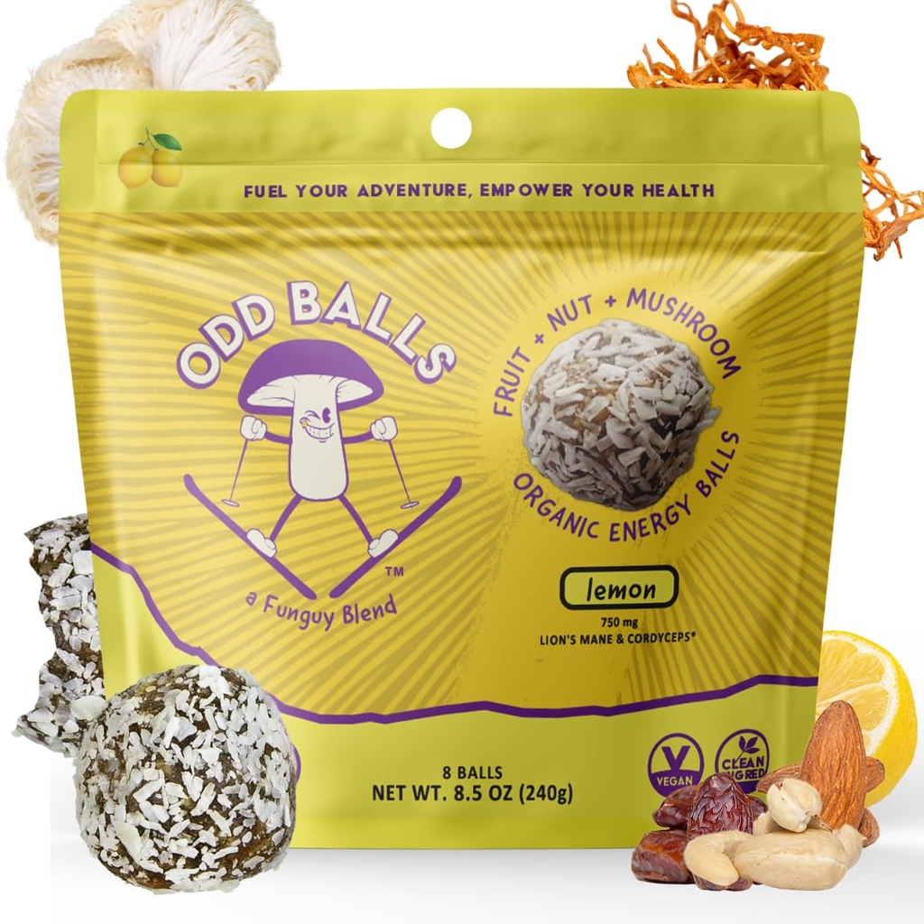 ODD BALLS Organiskā enerģija Balles Citrons - Superfood Sēņu Uzkodas - Skriešanas, Riteņbraukšana, Pārgājieni - Želejas, Bāri Alternatīva - Lauvas Mane Focus, Cordyceps Enerģija - Vegan, Gluten Bezmaksas Uzkodas bērniem un pieaugušajiem