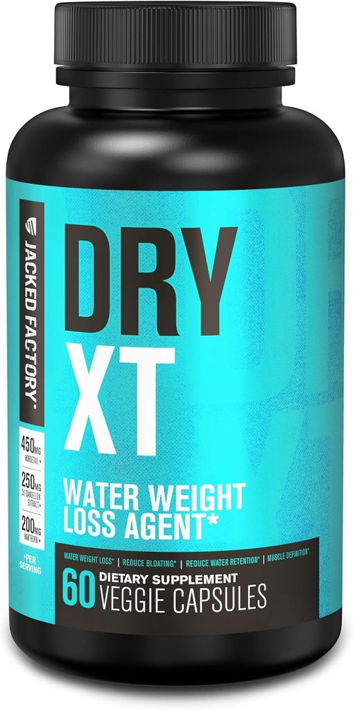 Jacked Factory Dry-XT Diurético Pílulas de água - Suplemento Natural □ Reduz a retenção de água & Bloating ; Extrato de raiz de dente-leão, Potássio, 7 Ingredientes Mais Poderosos - 60 Cápsulas Veggie