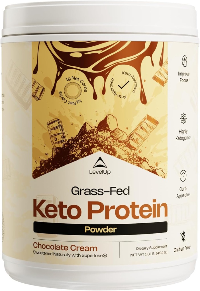 LevelUp Winner - BEST KETO PROTEIN Grass-hred Protein Powder, C8 MCT Oil, Whey Proteine Izolate, Irish Butter, Ketogenic Proteine Shake Supliment (Chocolate Cream)