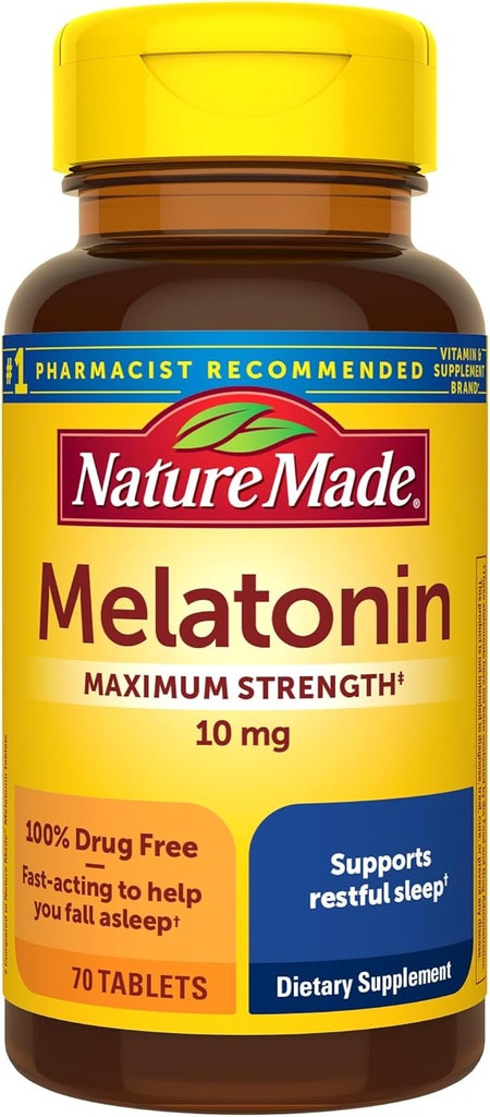 Nature Made Melatonin 10mg Maximum Strength Tablets, 100% Drug Free Sleep Aid for Adults, Melatonin for Adults, 70 Cuenta, 70 Day Supply