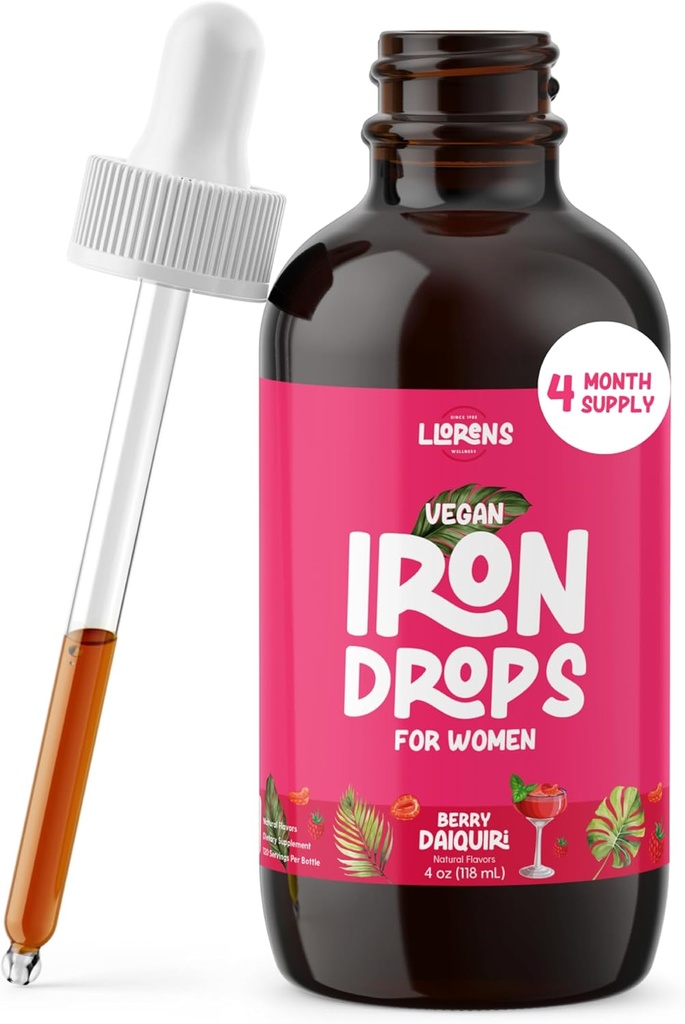 LLORENS FARMACIN Iron Drops Daily Support, 20 mg Polisacchide Complex Free Taste, Natural Saletens, Vegan and Paraben Free (Berry Daiquiri, 4 Fl Oz)
