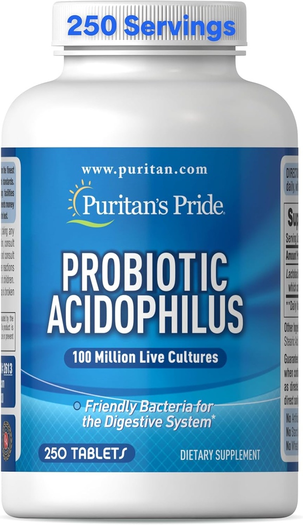 Puritan 's Pride Daily Probiotic Acidophilus, 100 백만 명의 라이브 문화, 소화, 구트 및 면역 건강, 콩, 나트륨 및 글루텐 무료, 8 개월 공급, 250 정제를위한 다이어트 보충