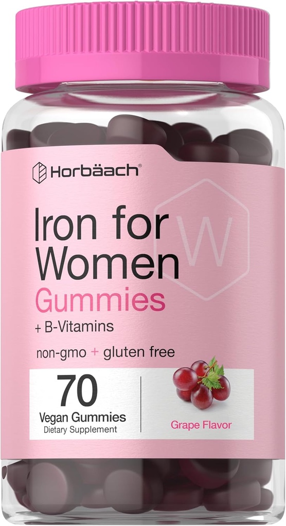 Horbäach Iron Gummies for Women | 70 Count | Grape Flavor | תוסף עם ויטמין B Folate ו- Zinc | טבעוני, Non-GMO & Gluten Free