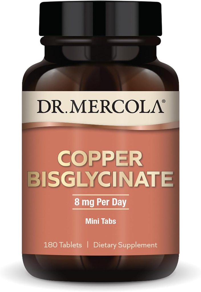 Dr. Mercola Copper Bisglicinat, 90 Serving (180 tablet), Prehranske dopolnila, 8 mg na dan, Mini Tabs, Podpira splošno zdravje, Ne GSO