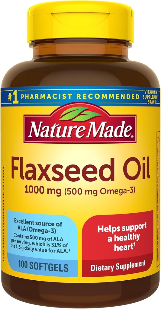 Nature Made Flaxseed Oil 1000 mg, Suplemento de Omega 3 sen peixe, Suplemento dietético para apoio á saúde cardíaca, 100 Softgels, 100 Day Supply