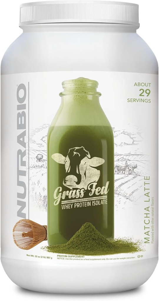 NutraBio Grass Fed Whey Isolate Protein Powder - 25G of Protein Per Scoop - Sugar Free Natural Lean Protein Suplemen - Matcha Latte - 2 Pounds, 29 Pounds