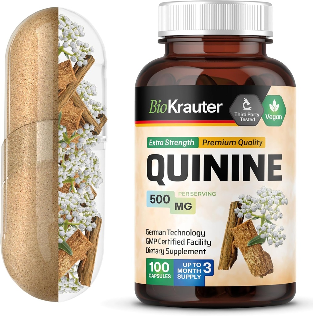 BIO KRAUTER Quinine 用于脚印 Capsules 500 mg - 100 mg - Cinchona Bark Powder - Quinine Capsules - Vegan,无填充器