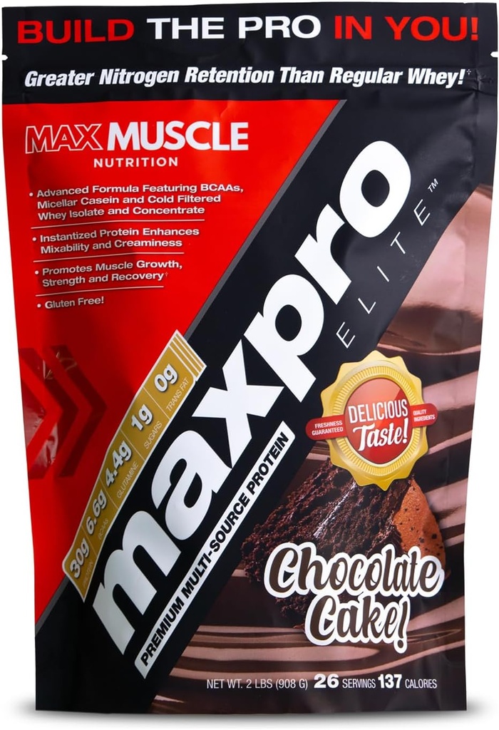 Max Muscle Maxpro Elite Whey Білок Порошок 30g Білок 0g Цукор 6.6g BCAAs Micellar Casein Cold Filtered Whey Isolate Білок Сприяє росту м'язів і відновлення (Шоколадний торт, 4lb)