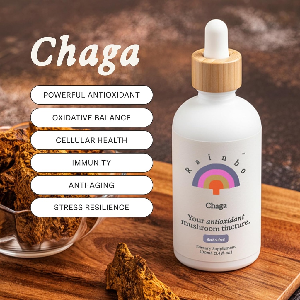 Rainbo - Chaga Mushroom Tincture - Alkohol wolny - Dual Extract Mushroom Supplement - Immune Support, Cellular Supplement, Liquid Chaga Supplement, Vegan, Non GMO, 3.4 fl oz