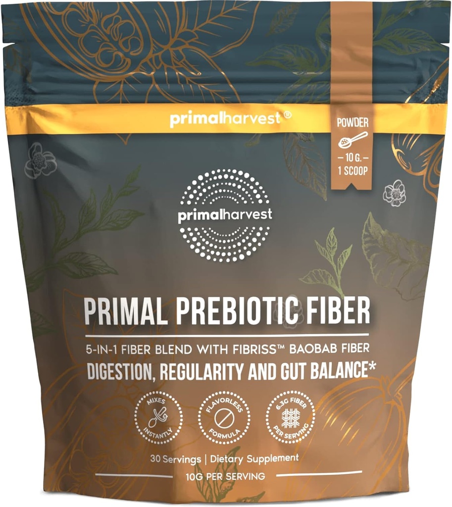 Primal Récolte de poudre de fibre prébiotique non aromatisée, 30 portions 5 en 1 supplément quotidien avec de la poudre de Baobab biologique Acacia et Fibriss.