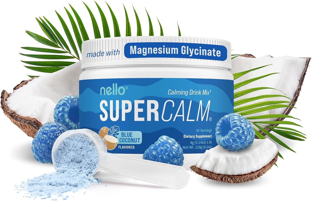 Nello Supercalm Polvere Bevande Mix, Cocco Blu, L Theanine, Ksm-66 Ashwagandha, Magnesio Glycinate, Vitamina D 3, Integratori per Rilassamento & Focus, No Sugar, Non OGM, On The Go, 30 Srvgs