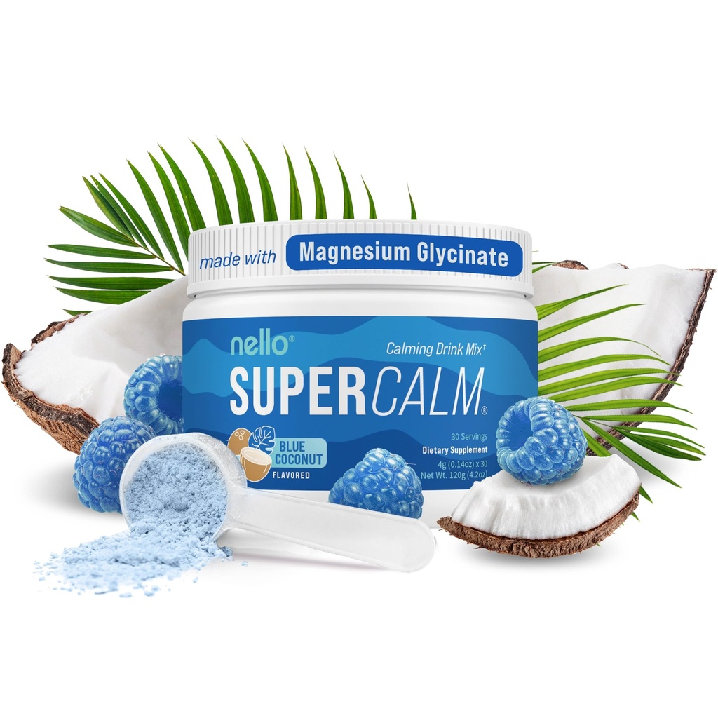 Nello Supercalm Powdered Drink Mix Tub, Cortisol Reducer* and Sleep Aid Supplement, L Theanine, Ksm-66 Ashwagandha, Magnesium Glycinate, Vitamin D 3, No Sugar, Non GMO, On The Go, 30 Ct, Blue Coconut