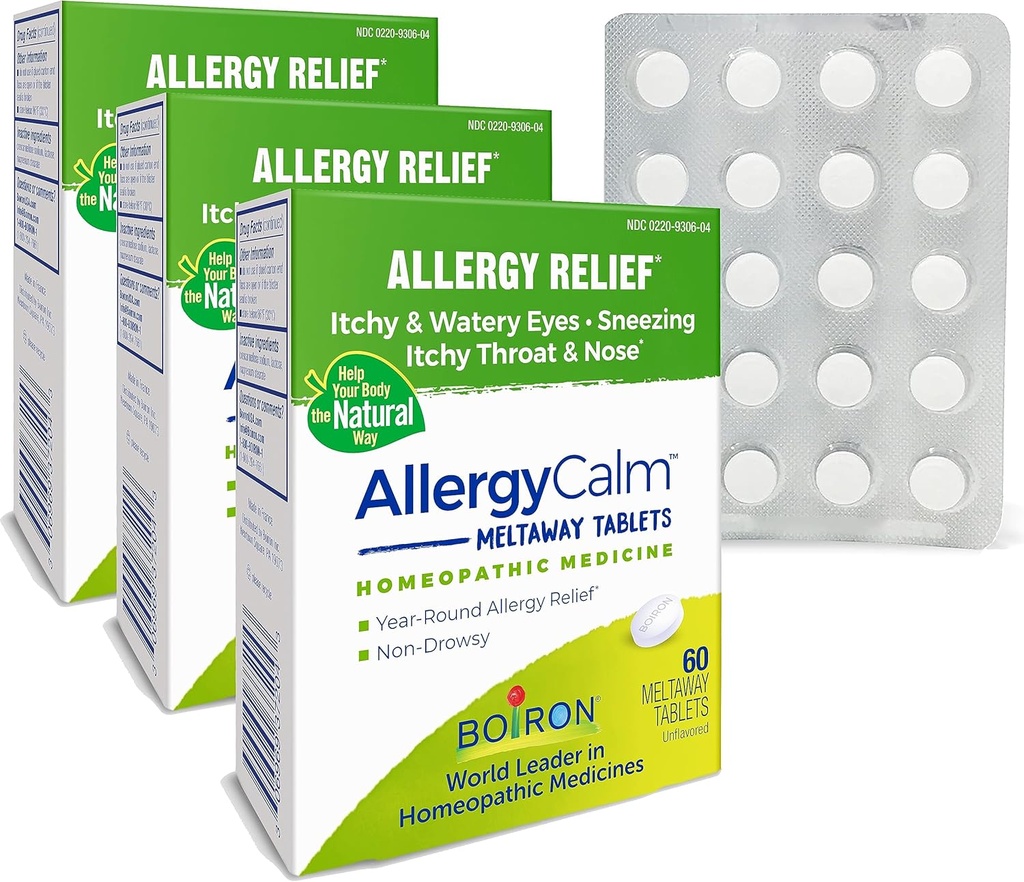 Boiron AllergyCalm Tablets 180 Count, Relief from Allergies and Hay Fever Simptome de strănut, Runny Nose, and Itchy Eyes or Throat, Allergy Calm Tabs (Formally RhinAllergy) (Pachet de 3 60ct Boxe)