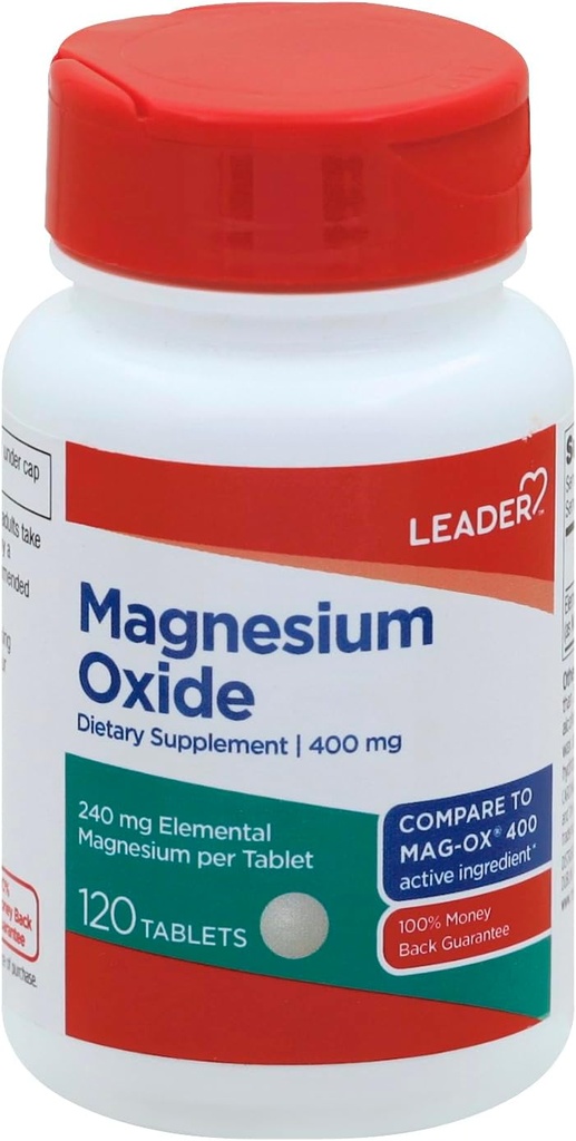 Leader Magnesio Ossido 400mg, Aiuta Bone &amp; Cramps del muscolo, Integratore tablet alimentare debole, 120 Conte
