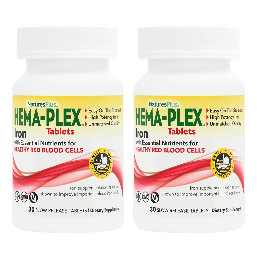 NaturesPlus Hema-Plex Iron - 30 Slow-Release Tablets, Pack of 2 - Total Blood Health - 85 mg Chelated Iron - with Vitamin C & Bioflavonoids - Non GMO, Vegetarian & Gluten Free - 60 Total Servings