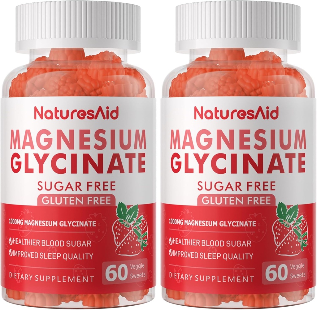 Magnesium Glycinat Gummies 1000mg - Sugar Free Magnesium Kalium Supplement med D-vitamin, B6, CoQ10 til Calm Mood & Sleep Support - 120 Jordbær Gummies -2 Pack