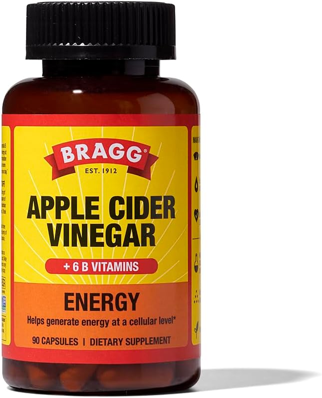 Bragg Energy Jablko Cider Ocot Kapsule s B-12 Vitamíny - 90 Kapsule - Manažment hmotnosti - Non-GMO, Vegan, Gluten Free, Bez cukru - pomáha generovať energiu na úrovni buniek pre mužov a ženy